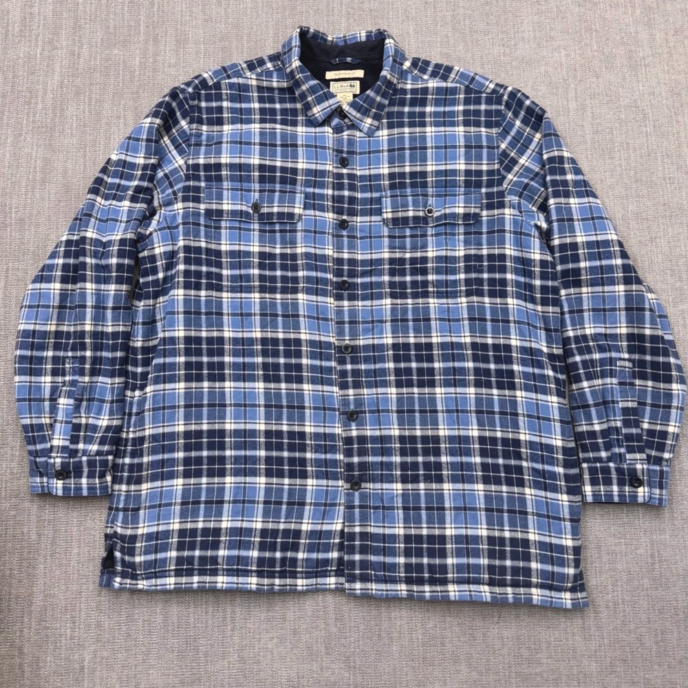 LL Bean Mens XL Blue Plaid Fleece Lined Flannel Shirt Jacket 298189 Traditional